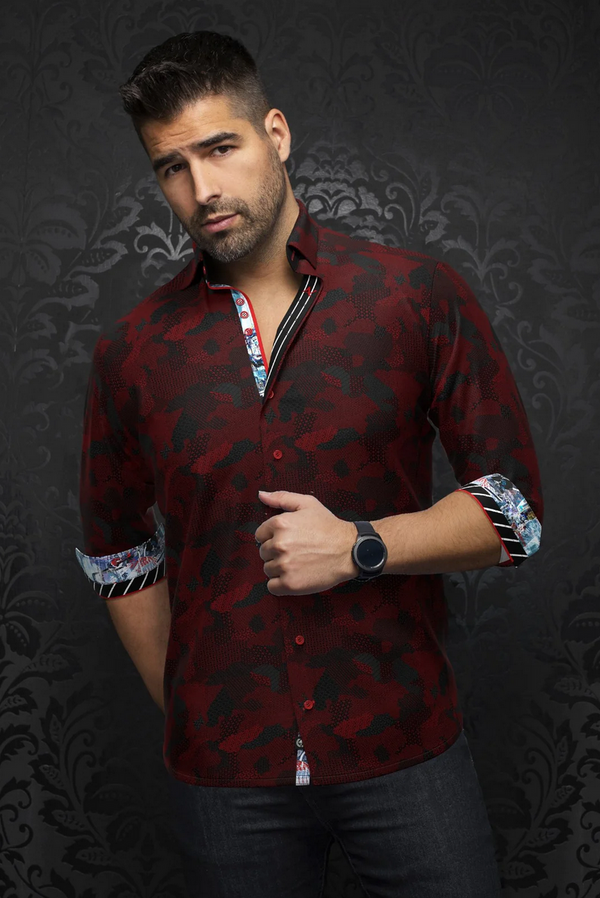 Au Noir Extra Stretch Shirt Abraham, Black/Red | Caswell's Fine Menswear